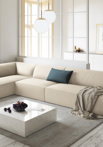MICADONI Ruby Modul Ecksofa, links, 5 Sitze – beige Cordsamt und schwarzer Kunststoff