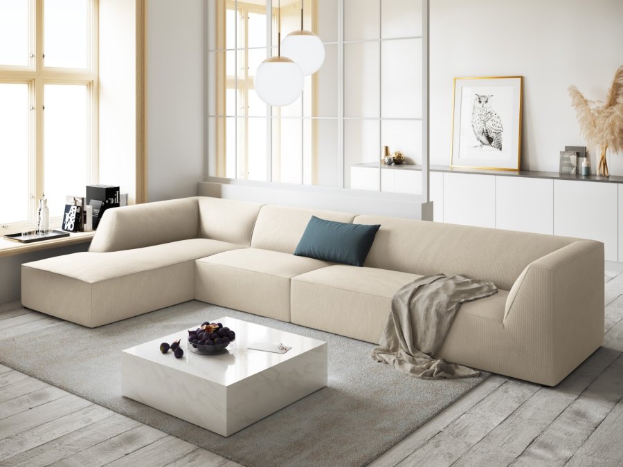 MICADONI Ruby Modul Ecksofa, links, 5 Sitze – beige Cordsamt und schwarzer Kunststoff