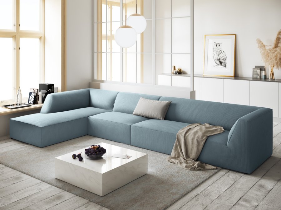 MICADONI Ruby Modul hjrnesofa, venstre, 5 seter - bl kordflyel og sort plast