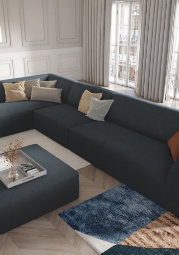 MICADONI Ruby Modul hjrnesofa, venstre, 5 seter - bl kordflyel og sort plast