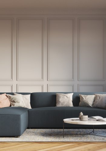 MICADONI Ruby Modul Ecksofa, links, 4 Sitze – blauer Cordsamt und schwarzer Kunststoff