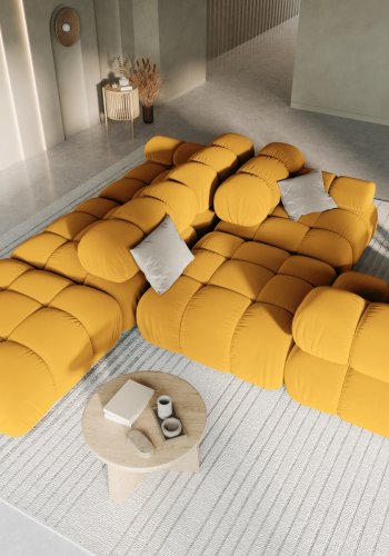 MICADONI Bellis Modulares Sofa, rechts, 4 Sitze - gelber Samt und schwarzer Kunststoff