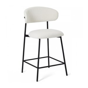 Diana barstol, med ryggstöd och fotstöd - vit bouclétyg och svart metall