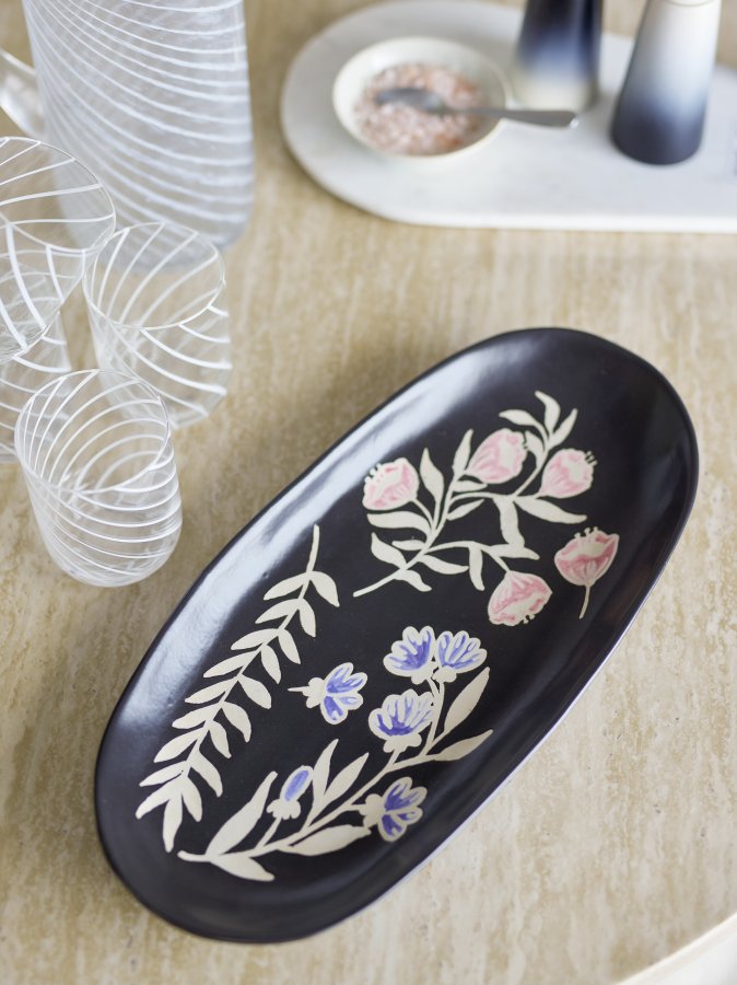 BLOOMINGVILLE Amberly Serviertablett, Schwarz, Steingut (L41xH4xB19,5 cm)