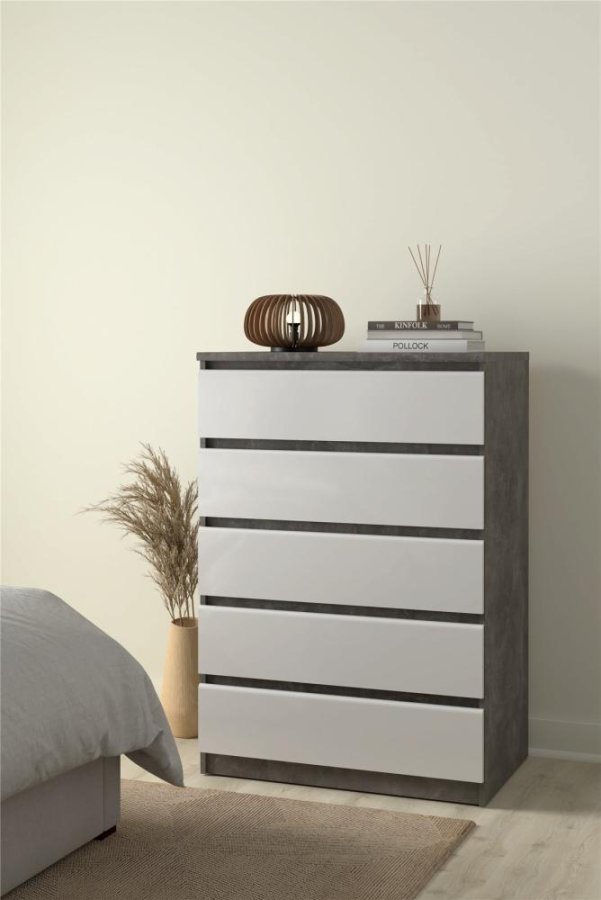TVILUM Naia Kommode, m. 5 Schubladen - weiß/graue Folie und Kunststoff