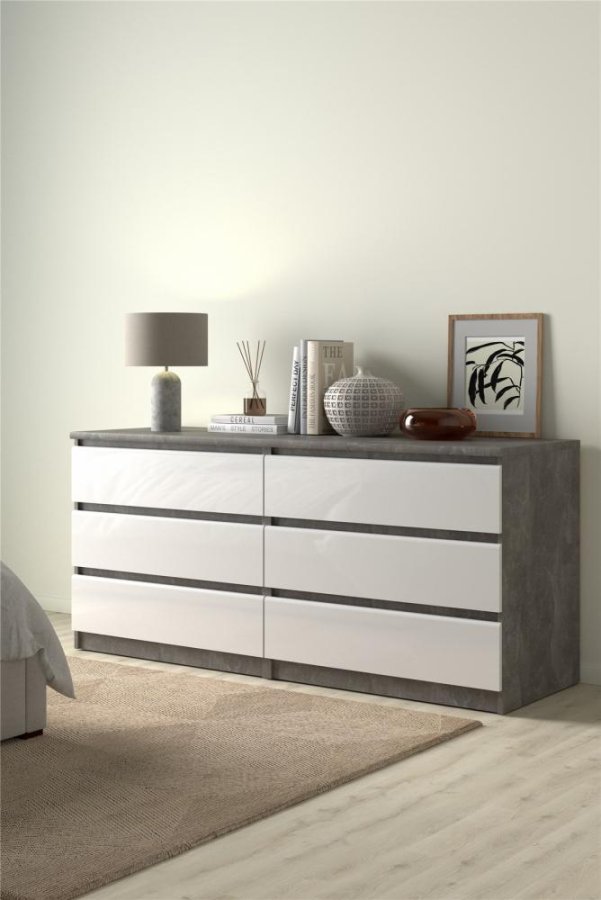 TVILUM Naia Doppelkommode, m. 6 Schubladen - grau/weiße Folie und Kunststoff
