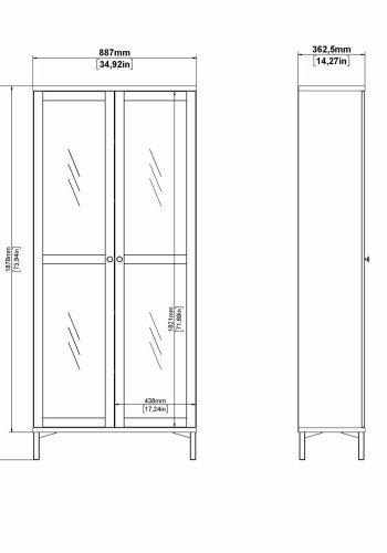 TVILUM Roma porselensskap med 2 drer, matt sort, 88,7 x 36,25 x 202,8 cm