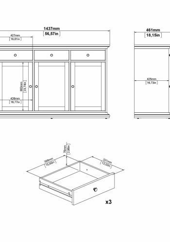 
TVILUM paris skænk - hvidt træ, 3 skuffer og låger
