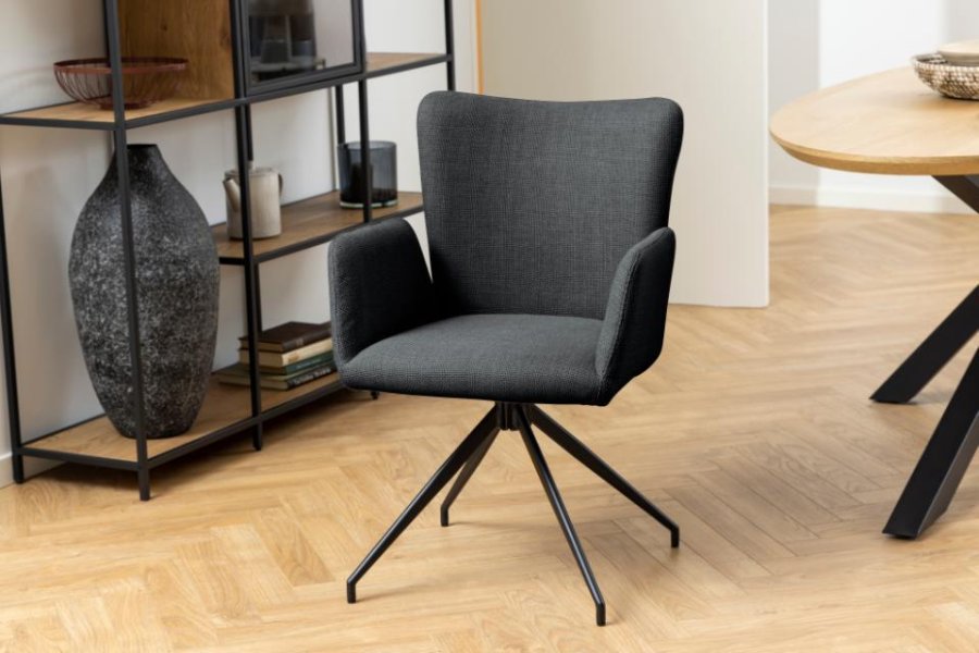 ACT NORDIC Laura Esszimmerstuhl, mit Armlehnen und Drehfunktion - dunkelgrauer Stoff und schwarzer Stahl