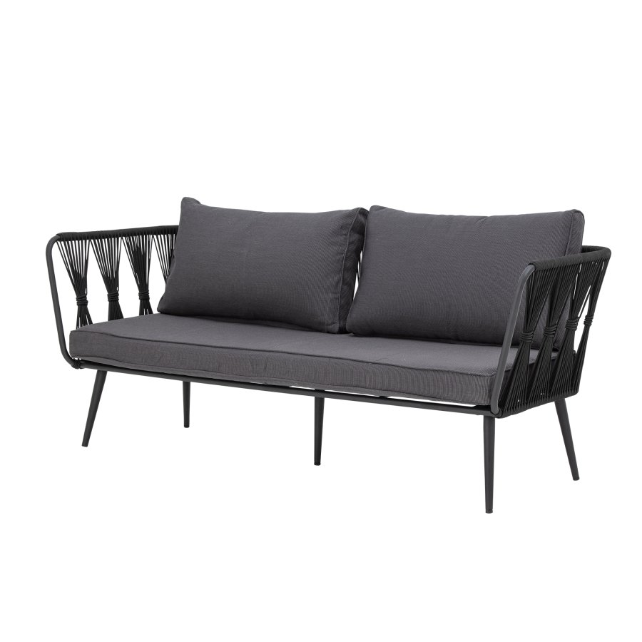 BLOOMINGVILLE Pavone Gartensofa, mit Armlehnen und dunkelgrauen Kissen – schwarzes Polyesterseil und schwarzes Metall