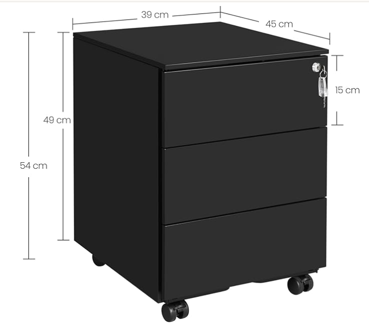 SONGMICS Mobiler Aktenschrank, abschlie�bar, mit 3 Schubladen und Rollen � Mattschwarzer Stahl