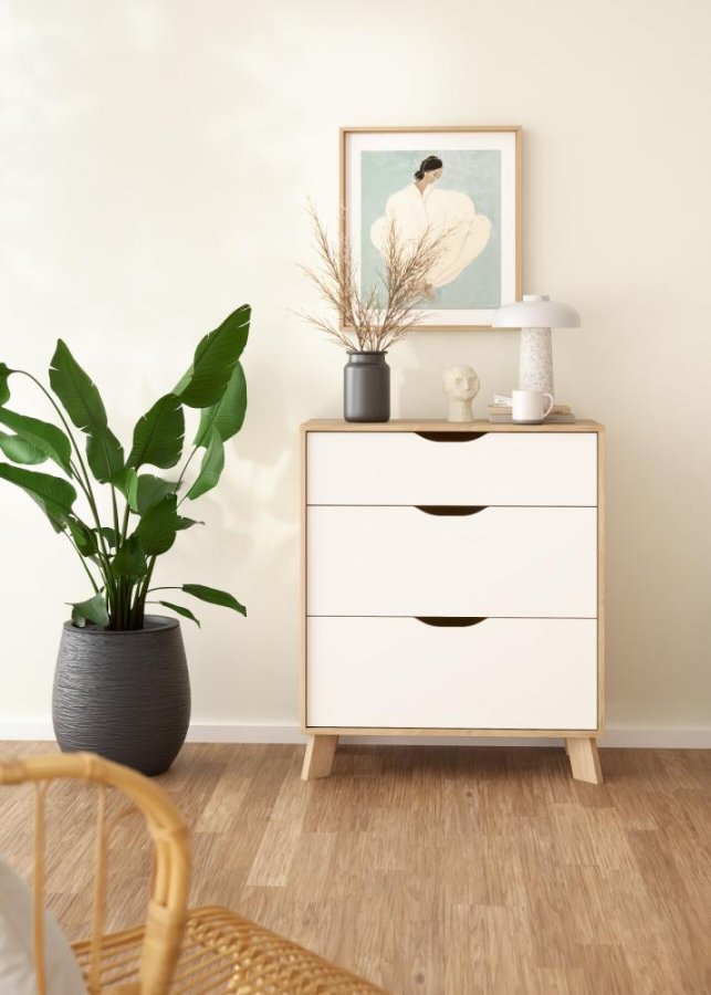 TVILUM Ikast Kommode mit 3 Schubladen, Jackson Hickory / Weiß, 78,7 x 39,8 x 92,2 cm