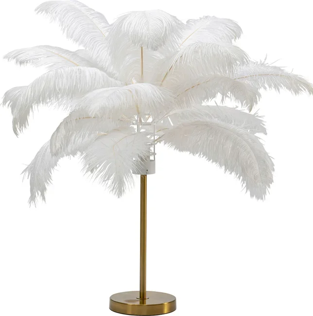 KARE DESIGN Feather Palm bordlampe - hvit strutsefjr og messingstl