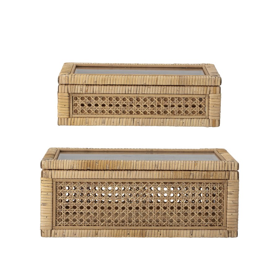 BLOOMINGVILLE Lally Box med lokk, Natural, Rattan, sett med 2, L32xH9xB17/L39xH15,5xB24 cm