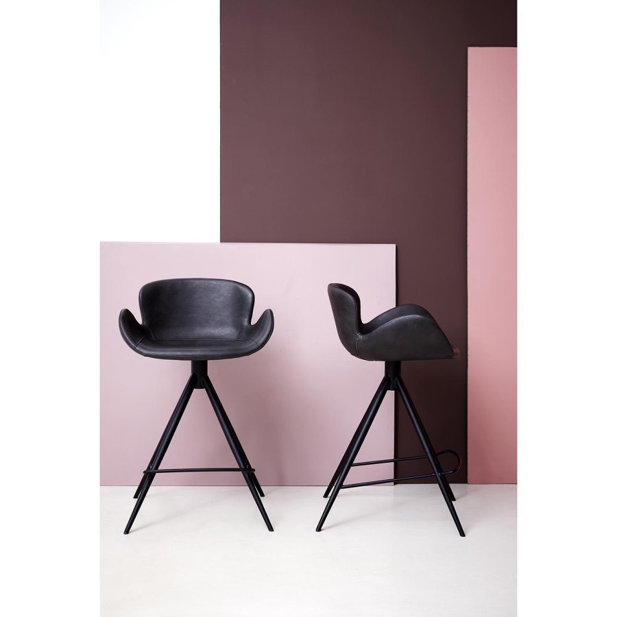 DAN-FORM Gaia Barhocker, mit Rückenlehne und Fußstütze – Vintage schwarzes Kunstleder und schwarzer Stahl