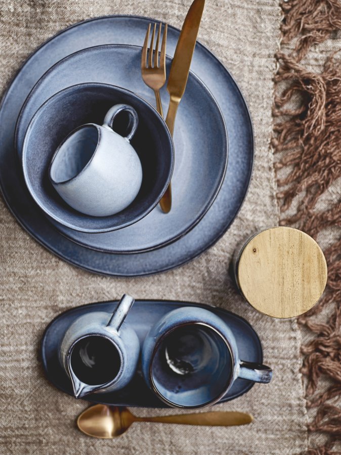 BLOOMINGVILLE Sandrine Frhstcksset, Blau, Steingut (C:D8,5xH8/B:D15xH8/P:D22xH2, Set mit 4x3 Teilen)