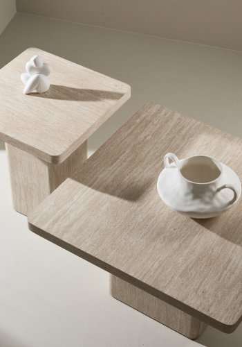 VENTURE HOME Qvart salongbord 80x80x46 cm + 50x50x56 cm - Travertin-utseende