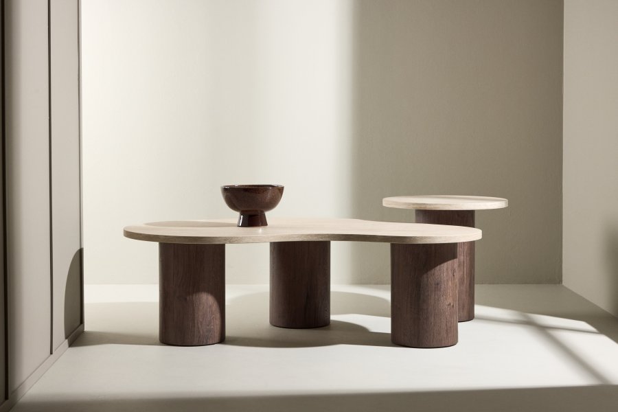 VENTURE HOME Megg salongbord 130*70*40 cm + 50x50 cm - Mokka/travertin-look