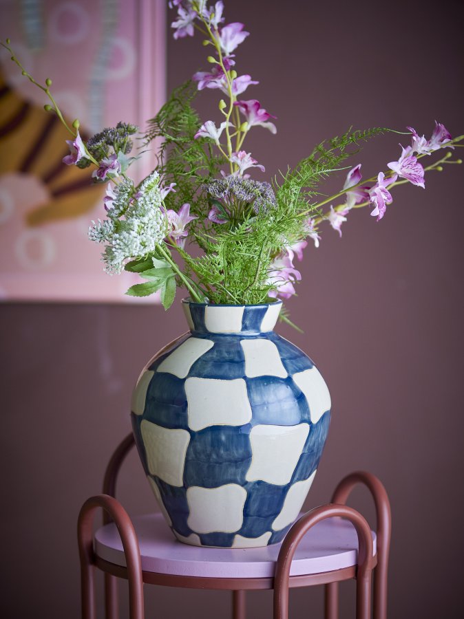 BLOOMINGVILLE Karierte Vase, Blau, Steingut (T20xH24 cm)