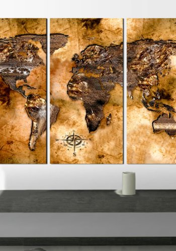 ARTGEIST - Verdenskort i metalliske nuancer trykt p� l�rred, 3-delt - Flere st�rrelser