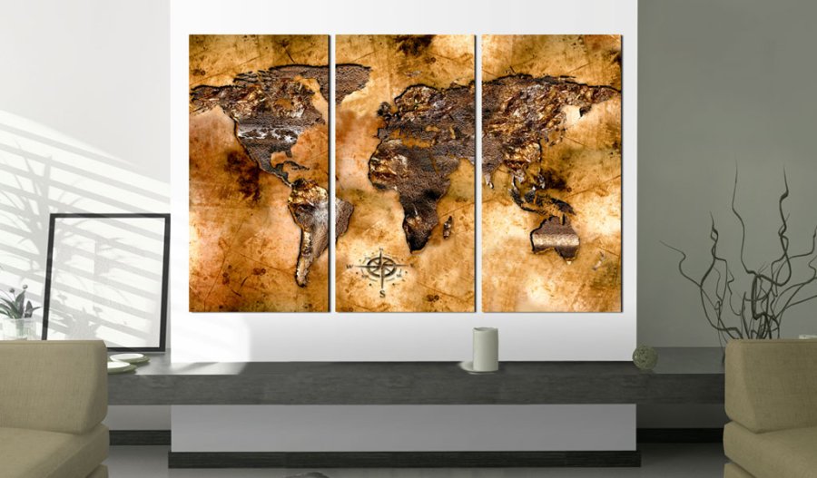 ARTGEIST - Verdenskort i metalliske nuancer trykt p� l�rred, 3-delt - Flere st�rrelser