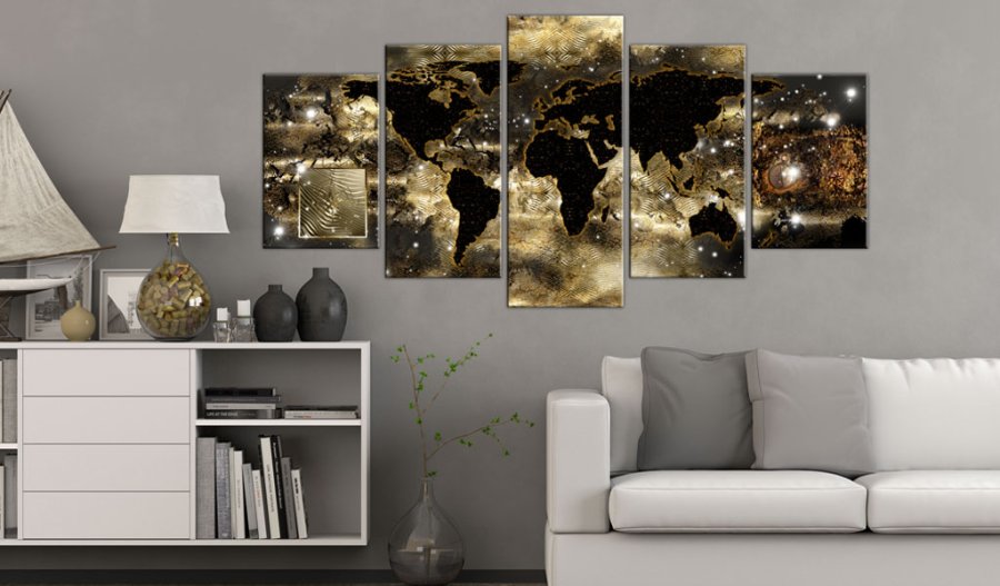 ARTGEIST verdenskort trykt p� l�rred - Continents of bronze, 5-delt - Flere st�rrelser