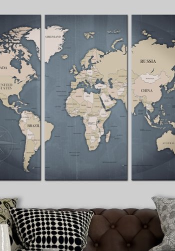 ARTGEIST Anthracitic World - Klassisk verdenskort trykt p� l�rred, 3-delt - Flere st�rrelser