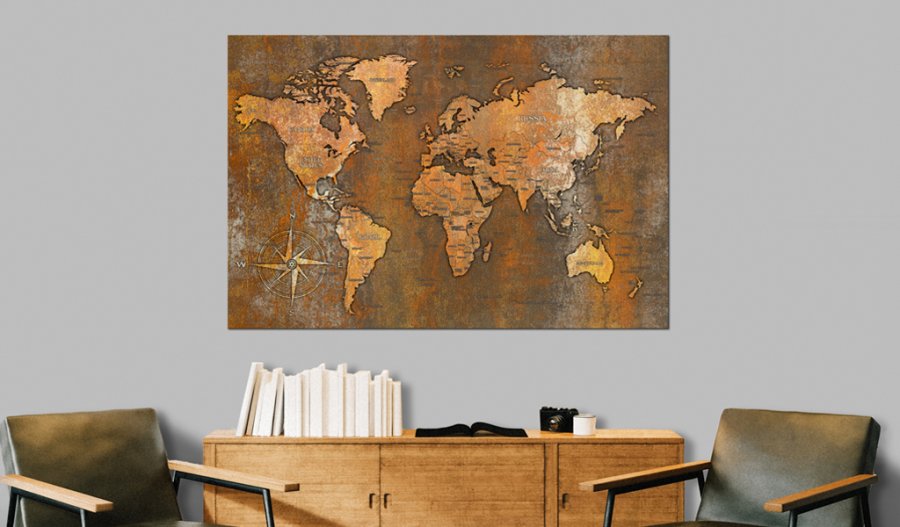 ARTGEIST Rusty World - Verdenskort i rustet st�l trykt p� l�rred - Flere st�rrelser