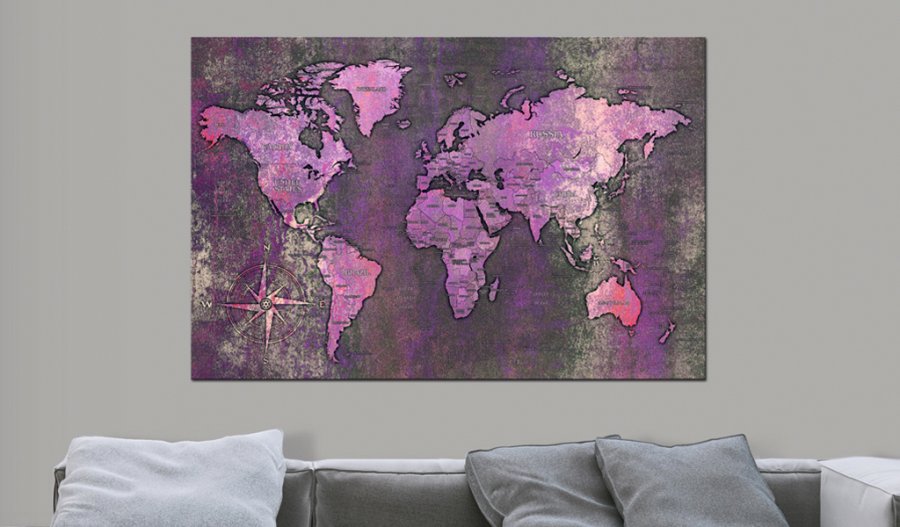 ARTGEIST Amethyst Map - Verdenskort i lilla oxideret look trykt p� l�rred - Flere st�rrelser