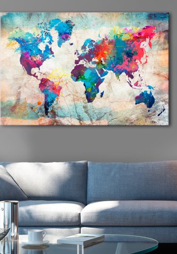 ARTGEIST Colourful Madness - Farverigt verdenskort p� marmor trykt p� l�rred - Flere st�rrelser