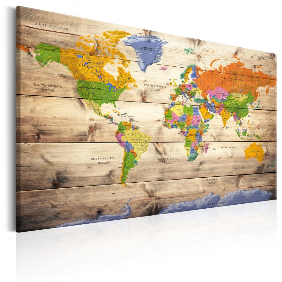 ARTGEIST Map on wood: Colourful Travels - Farverigt klassisk kort trykt p� l�rred - Flere st�rrelser