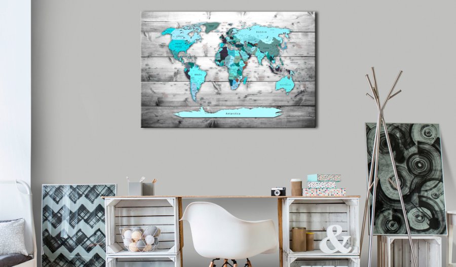 ARTGEIST World Map: Blue World - Klassisk verdenskort i bl� trykt p� l�rred - Flere st�rrelser