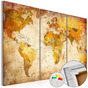 ARTGEIST Antique Travel verdenskort billede - lysebrun og gr�/sort print p� kork, 3-delt (40x60)