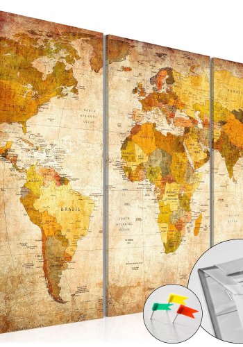 ARTGEIST Antique Travel verdenskort billede - lysebrun og gr�/sort print p� kork, 3-delt (40x60)