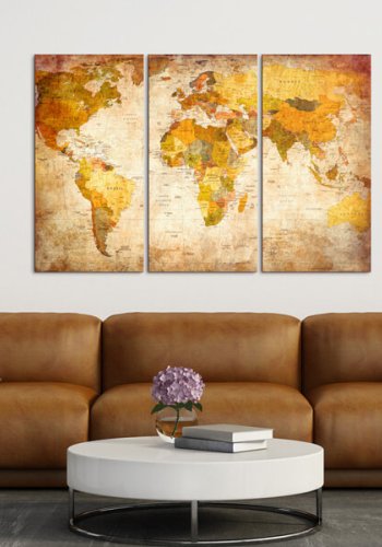 ARTGEIST Antique Travel verdenskort billede - lysebrun og gr�/sort print p� kork, 3-delt (40x60)