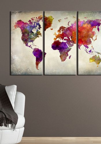 ARTGEIST - Farverigt verdenskort i mange nuancer trykt p� l�rred, 3-delt - Flere st�rrelser