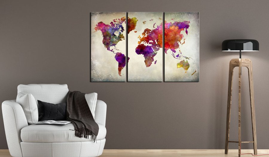 ARTGEIST - Farverigt verdenskort i mange nuancer trykt p� l�rred, 3-delt - Flere st�rrelser