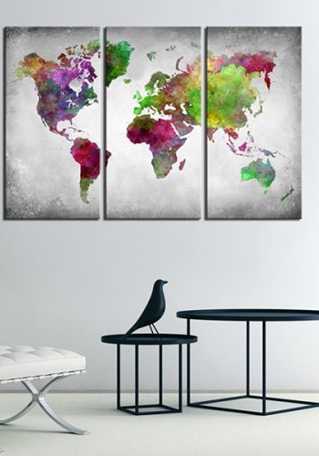 ARTGEIST Diversity of World - Verdenskort i mange nuancer trykt p� l�rred, 3-delt - Flere St�rrelser