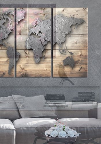 ARTGEIST - Verdenskort i metal look p brdder trykt p lrred, 3-delt - Flere strrelser