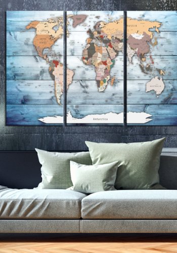 ARTGEIST - Klassische Weltkarte mit blauem Hintergrund auf Leinwand gedruckt, 3-teilig - Mehrere Gren