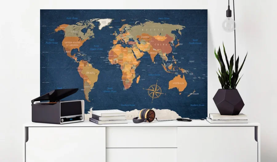 ARTGEIST World Map: Ink Oceans - Klassisk verdenskort trykt p� l�rred - Flere st�rrelser