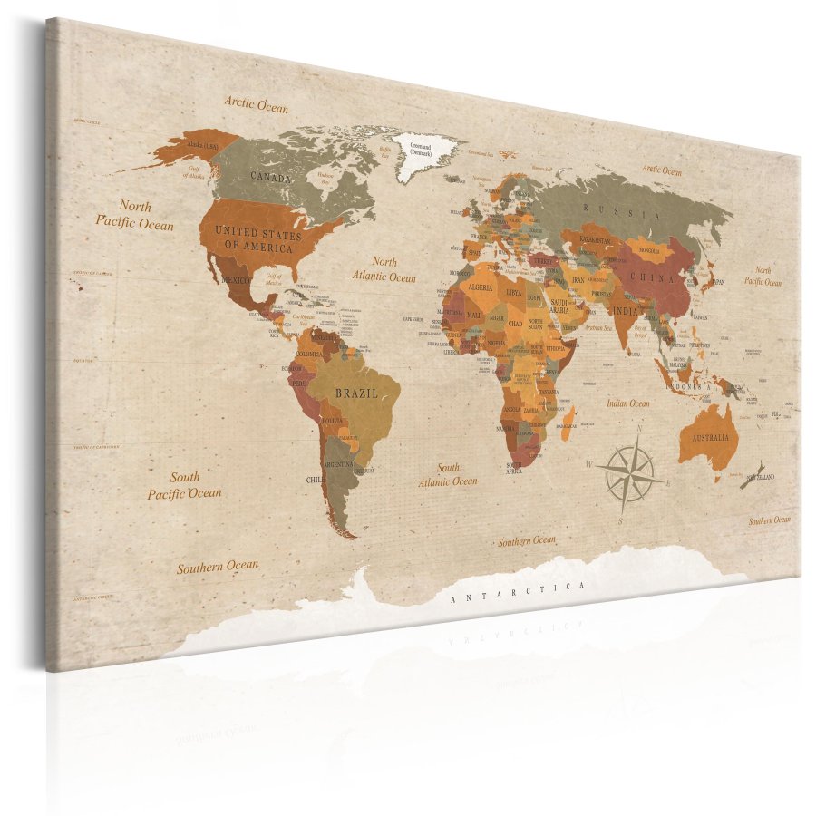 ARTGEIST World Map: Beige Chic - Klassisk verdenskort trykt p� l�rred - Flere st�rrelser