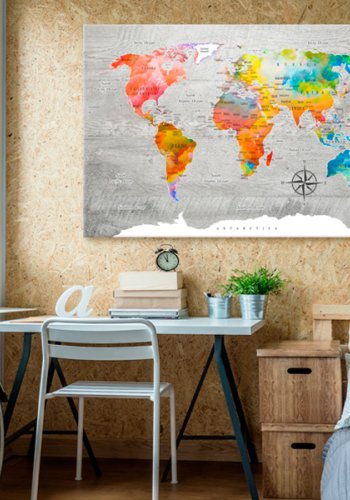 ARTGEIST Multicolored Travels - Farverigt verdenskort p� beton trykt p� l�rred - Flere st�rrelser