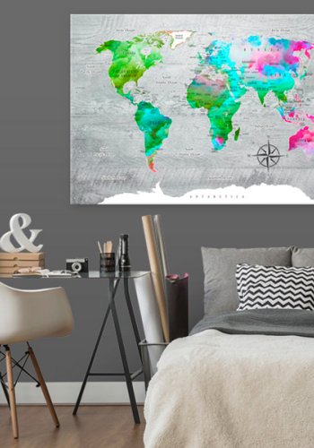 ARTGEIST Green Paradise - Farverigt verdenskort p� beton trykt p� l�rred - Flere st�rrelser