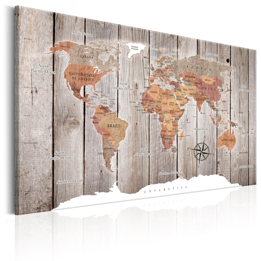 ARTGEIST World Map: Wooden Stories - Farverigt verdenskort p� tr� trykt p� l�rred - Flere st�rrelser