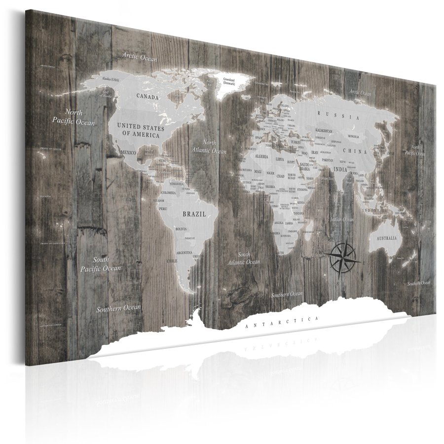 ARTGEIST World Map: Wooden World - Verdenskort med tr�-baggrund trykt p� l�rred - Flere st�rrelser