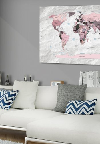 ARTGEIST Pink Continents - Pink verdenskort med sten-effekt trykt p� l�rred - Flere st�rrelser