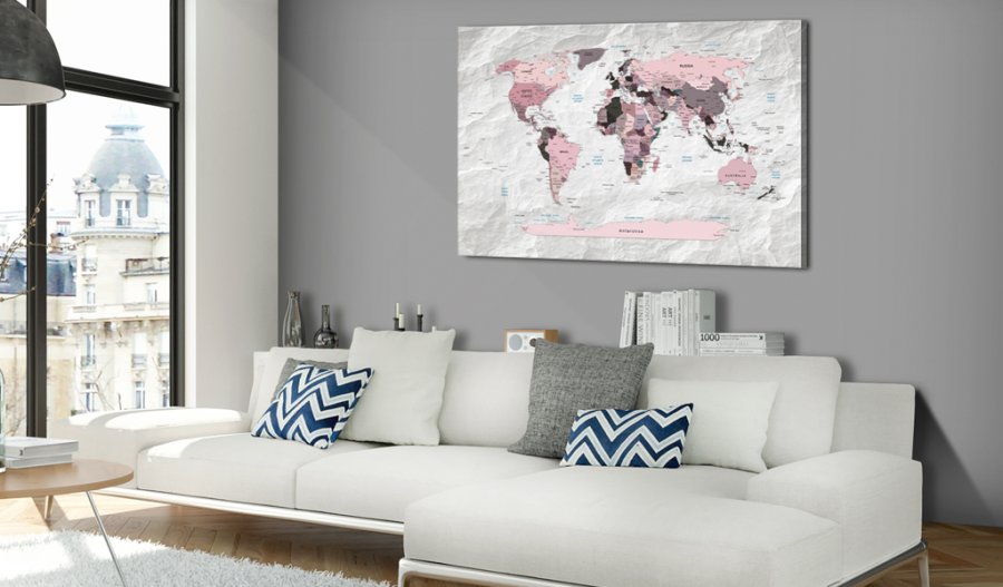 ARTGEIST Pink Continents - Pink verdenskort med sten-effekt trykt p� l�rred - Flere st�rrelser
