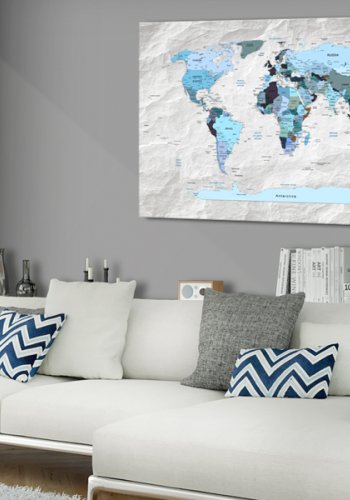 ARTGEIST Blue Pilgrimages - Bl� verdenskort med sten-effekt trykt p� l�rred - Flere st�rrelser