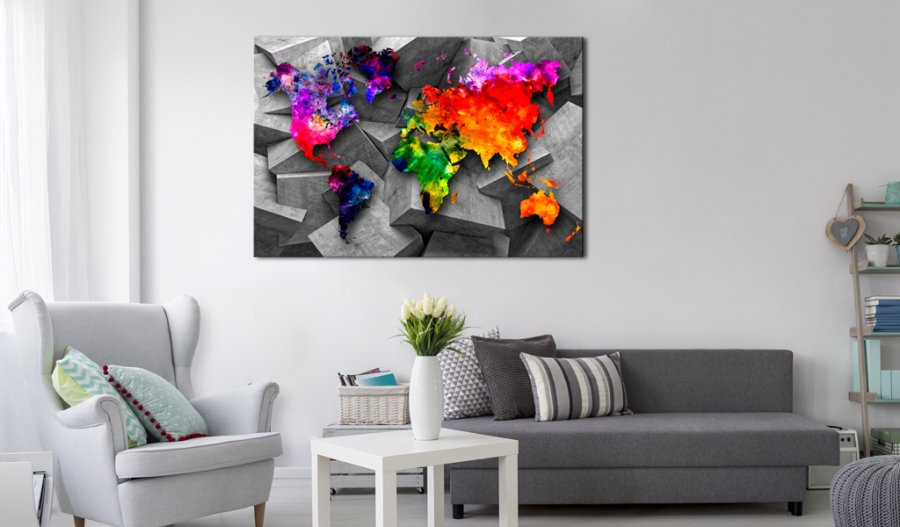 ARTGEIST Cubic World - Farverigt verdenskort i geometrisk design trykt p� l�rred - Flere st�rrelser